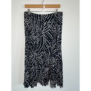 VTG Y2K 90s Preppy Midi Skirt Large Navy Polka Dot Flowy A-Line Elastic Waist